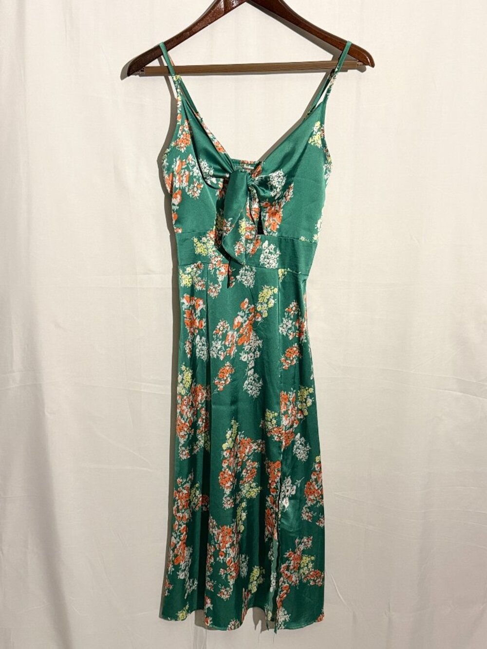 Fashionme Green Floral Satin Midi Dress Small Tie Front Smocked Back